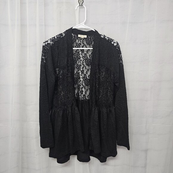 Black Lace Knit Cardigan Twee Coquette Whimsigoth Ribbed Sheer Y2K L - Picture 8 of 12